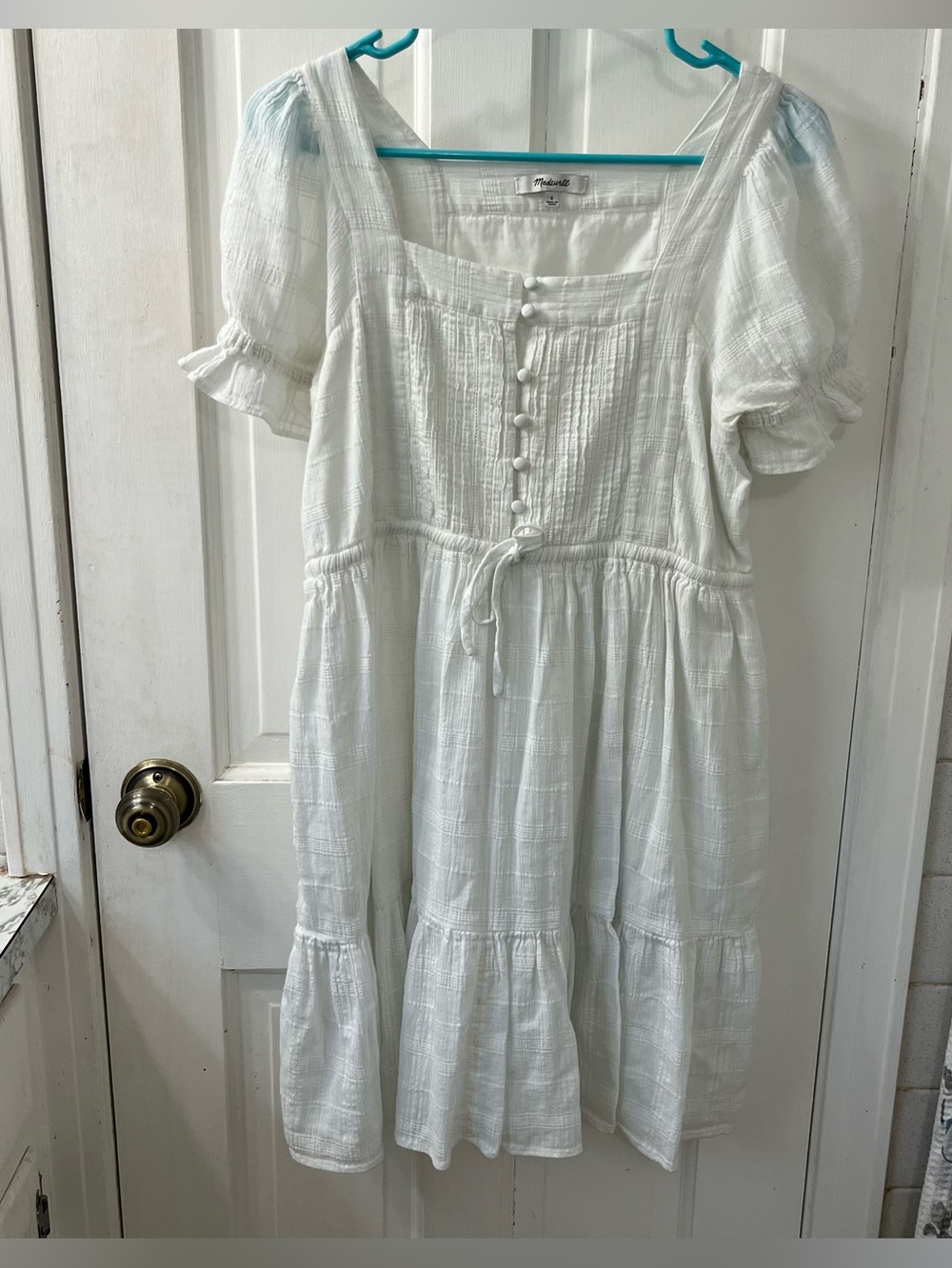 Madewell Puff Sleeve Drawstring Pintuck Mini Dress in Antique White. Size Small